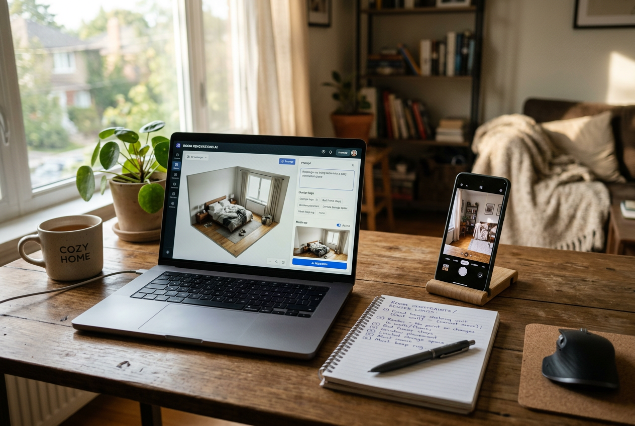Laptop with AI room redesign tool beside handwritten notes — How to Use AI to Redesign a Room: A Step-by-Step Guide for Homeowners