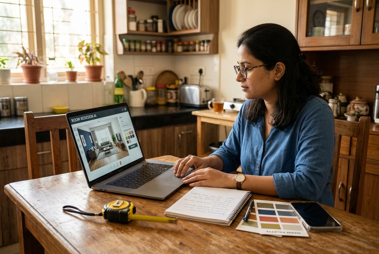 Homeowner using AI to redesign a room step-by-step at home with a laptop, measuring tape, and color swatches on a table.