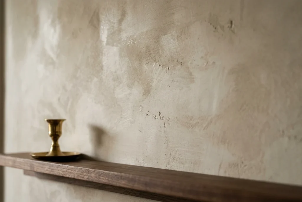 Close-up of a limewash wall with subtle tonal variation and a chalky, matte texture above a floating wood shelf and brass candle holder.