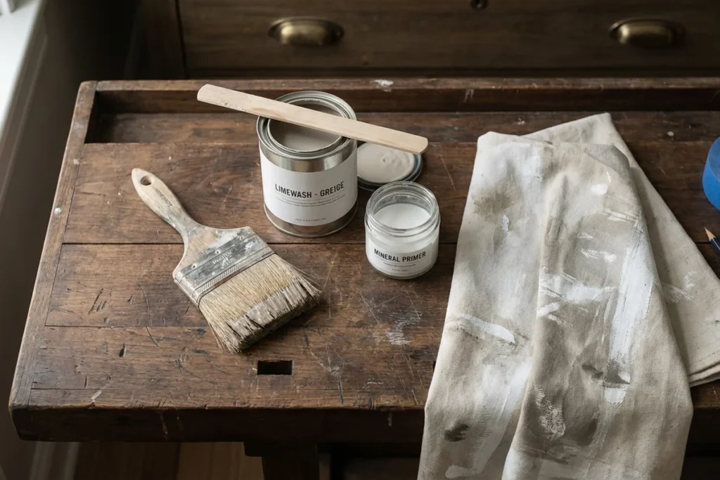 Limewash paint, mineral primer, paintbrush, stir stick, and drop cloth arranged on a wooden worktable before starting a limewash wall project.