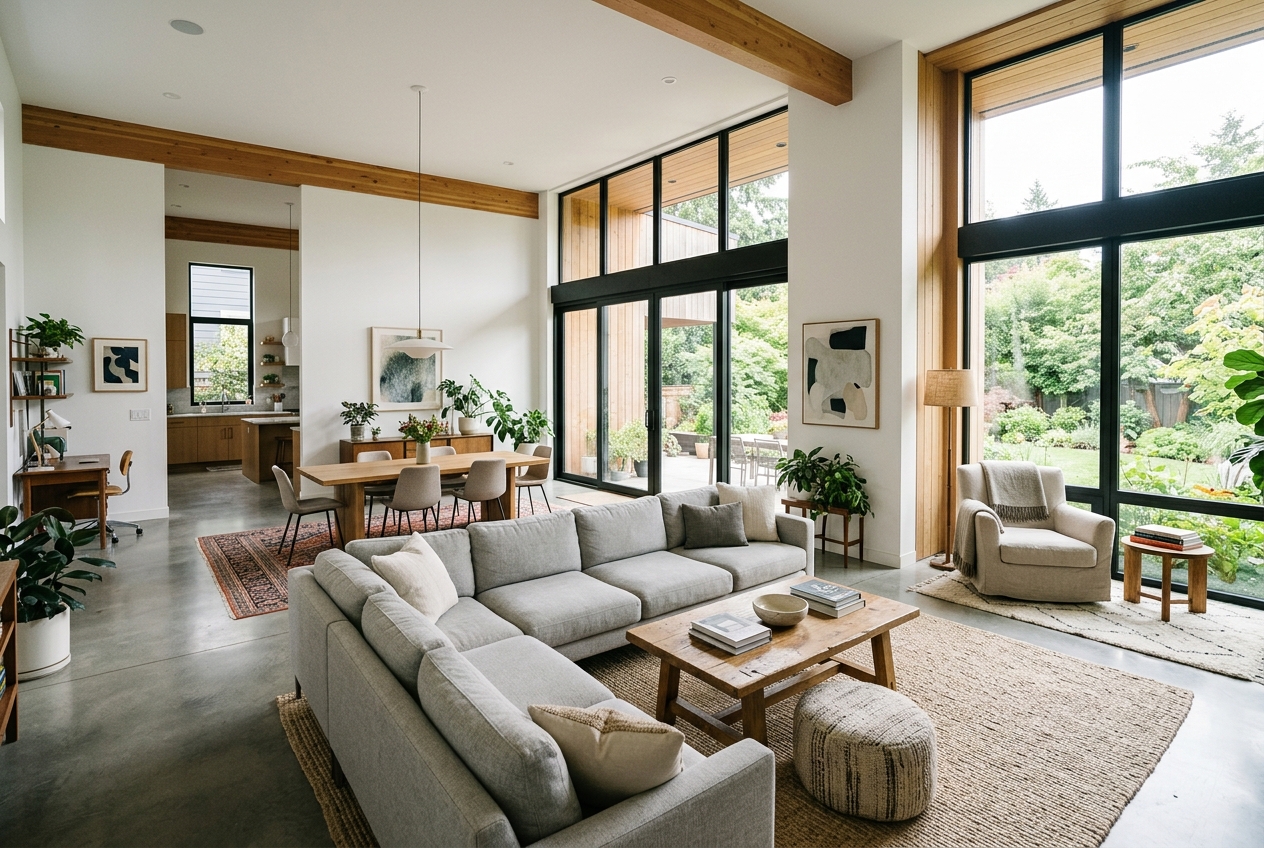 Open floor plan ideas showing a large living space divided into functional zones with rugs, furniture groupings, and lighting