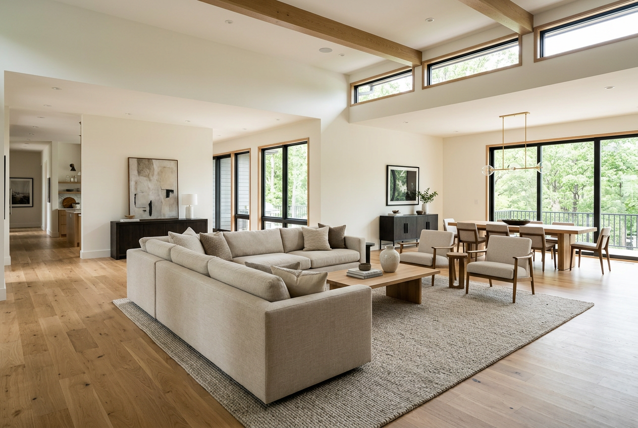 Open floor plan ideas showing a floating sofa island dividing a large living and dining space naturally