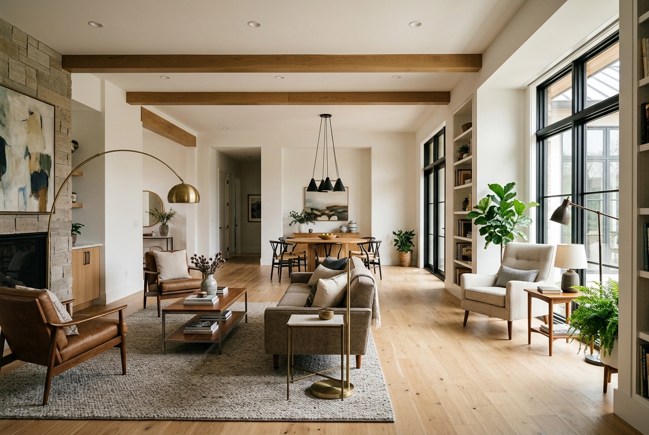 Open floor plan ideas showing a large living space divided into seating, dining, and reading zones with layered lighting
