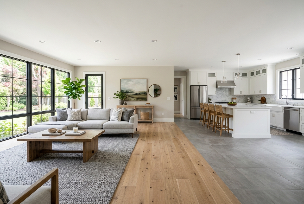 Open floor plan ideas showing a flooring transition that divides a large kitchen and living space into distinct zones