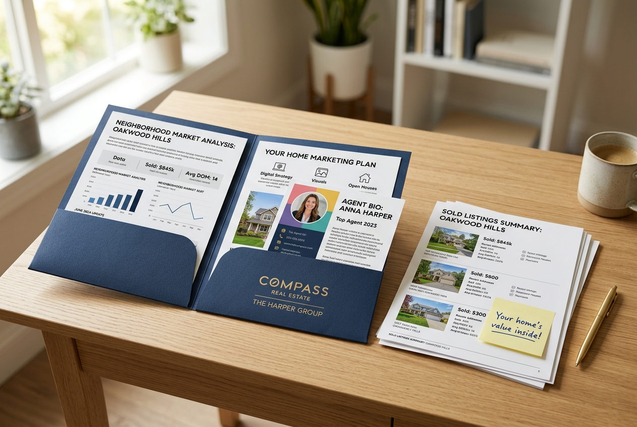 Pre-listing package for real estate agents displayed as an open branded folder with market analysis and marketing plan sheets.