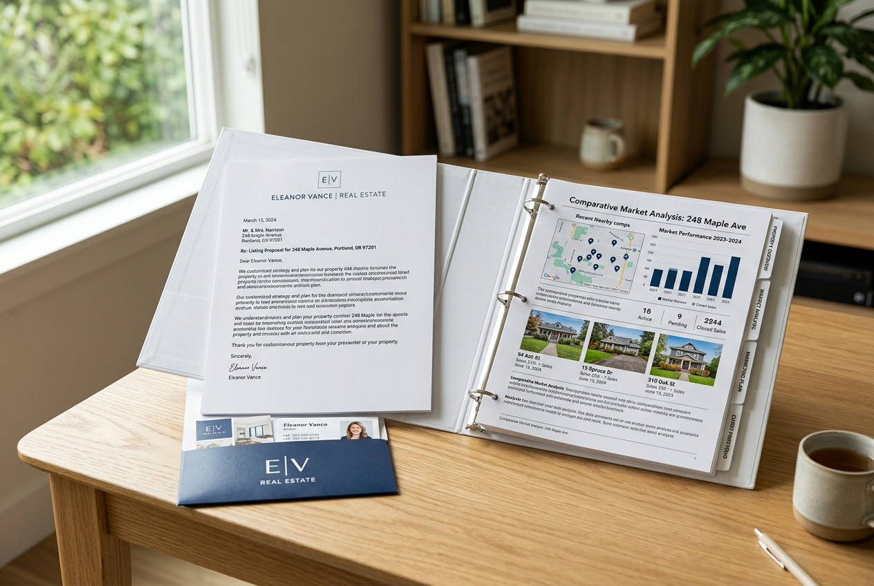 Pre-listing package for real estate agents showing printed cover letter, tabbed pages, and market data laid out on a desk.