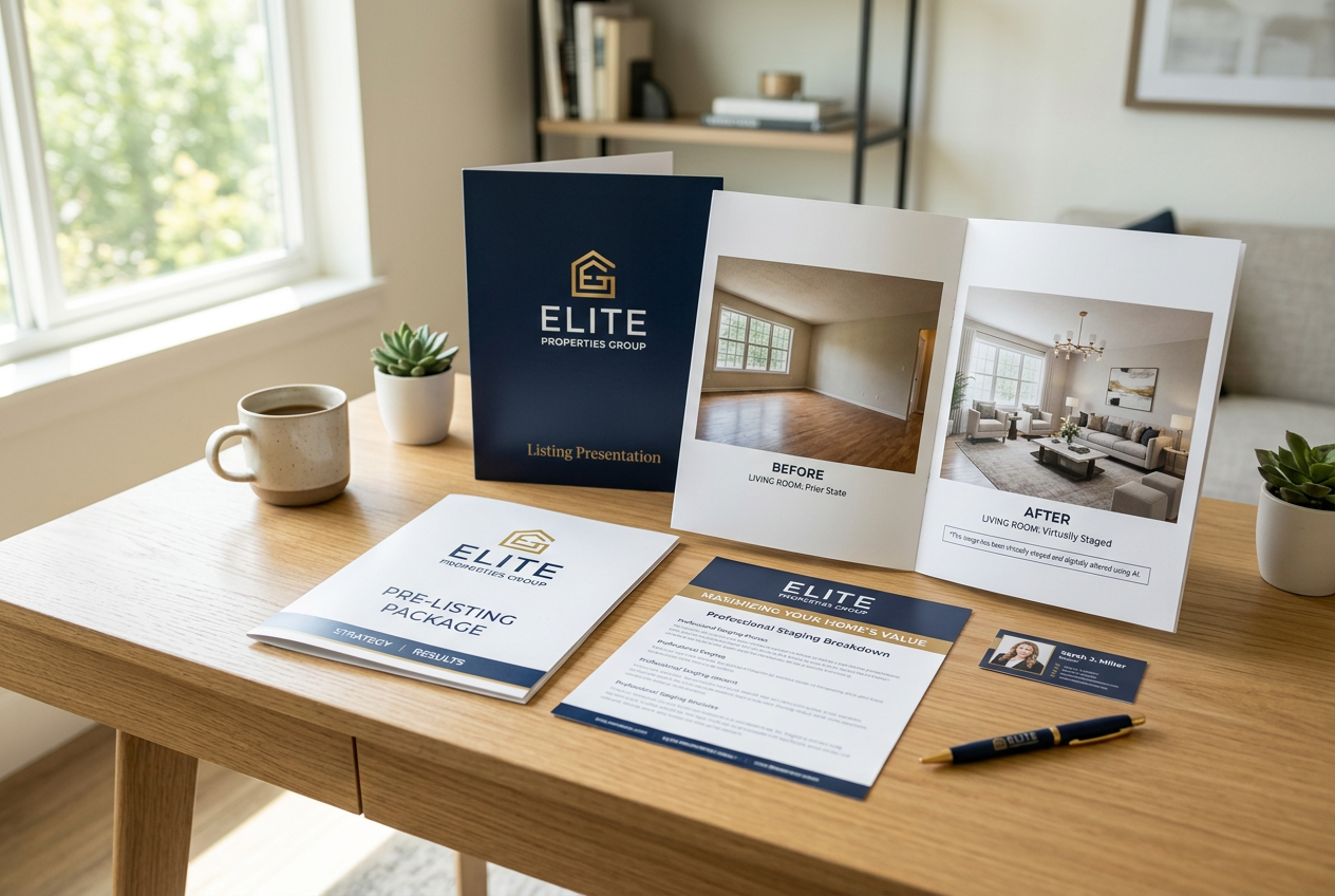Pre-Listing Package for Real Estate Agents displayed open with before-and-after photos and a virtual staging disclosure label.