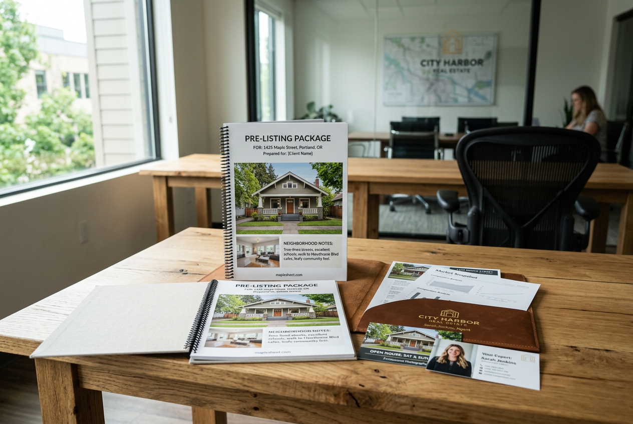 Pre-listing package for real estate agents with personalized cover page, neighborhood notes, and printed marketing materials on a desk.