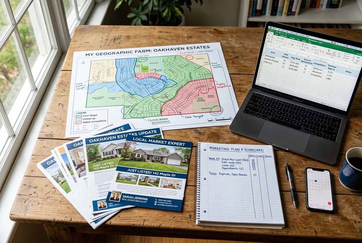 Desk with neighborhood map, mailers, and scorecard for Real Estate Farming: How to Build a Pipeline From a Geographic Area