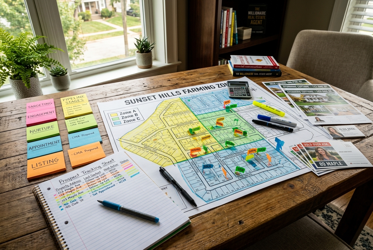 Desk with neighborhood map and pipeline notes for Real Estate Farming: How to Build a Pipeline From a Geographic Area