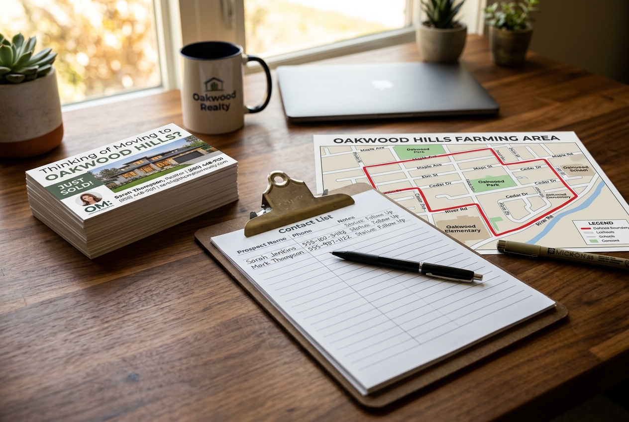 Desk with real estate farming postcards and neighborhood map for building a pipeline from a geographic area