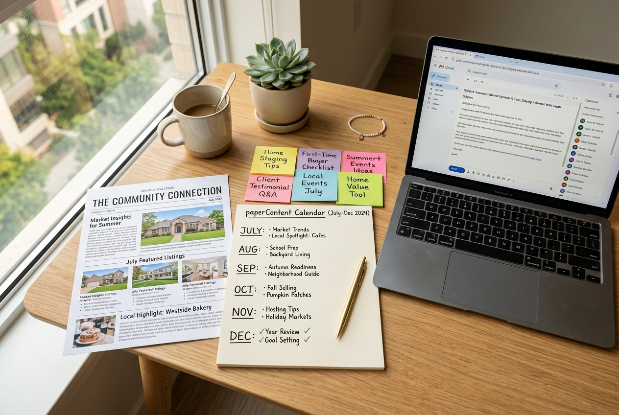 Monthly content calendar and printed draft beside a laptop — real estate newsletter ideas organized by theme for sphere outreach