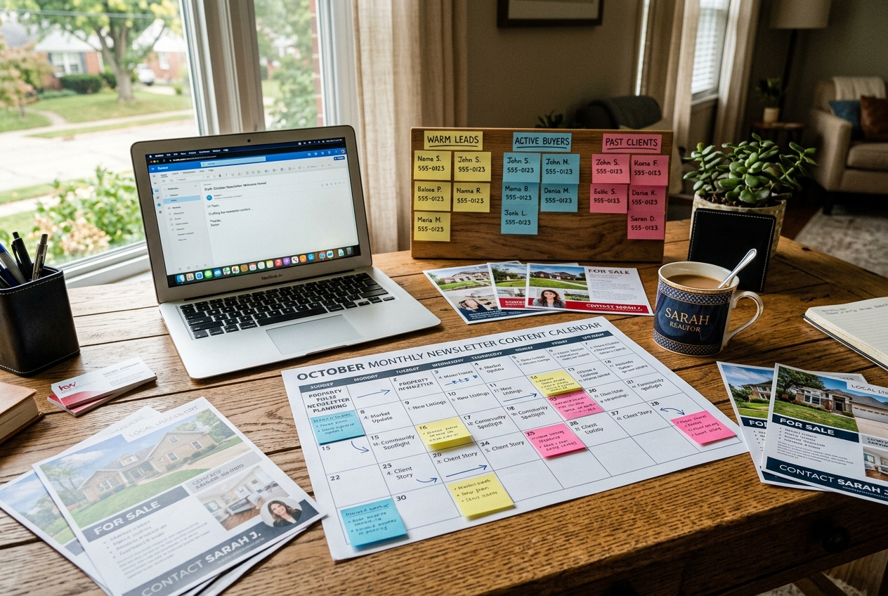 Desk workspace with monthly content calendar and segmented contact notes illustrating real estate newsletter ideas for a sphere