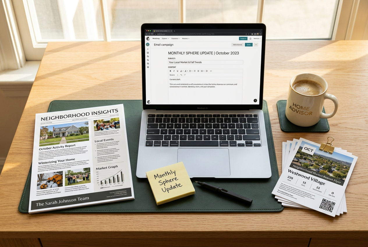 Desk flat lay showing real estate newsletter ideas with printed layouts, email draft, and monthly sphere content materials