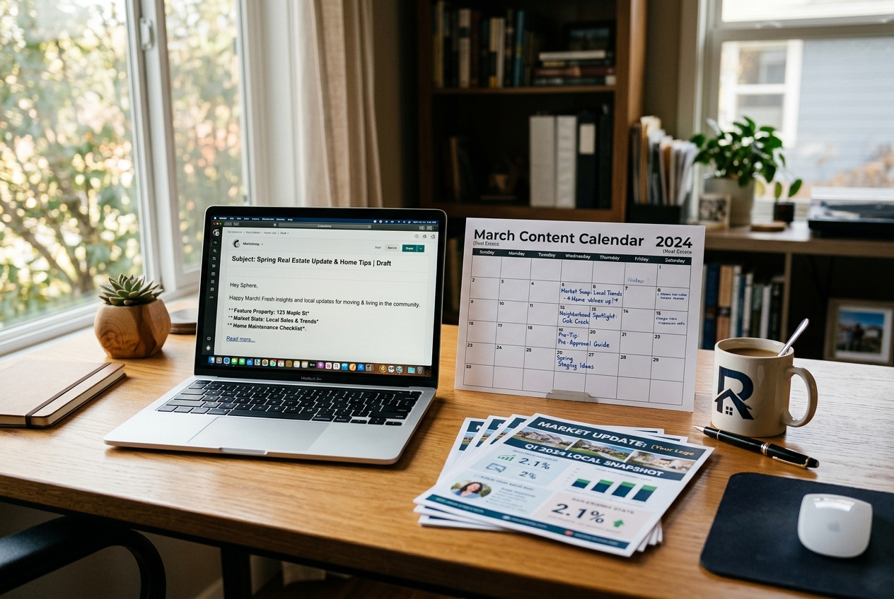 Laptop showing a monthly email draft beside a content calendar — real estate newsletter ideas organized for a sphere