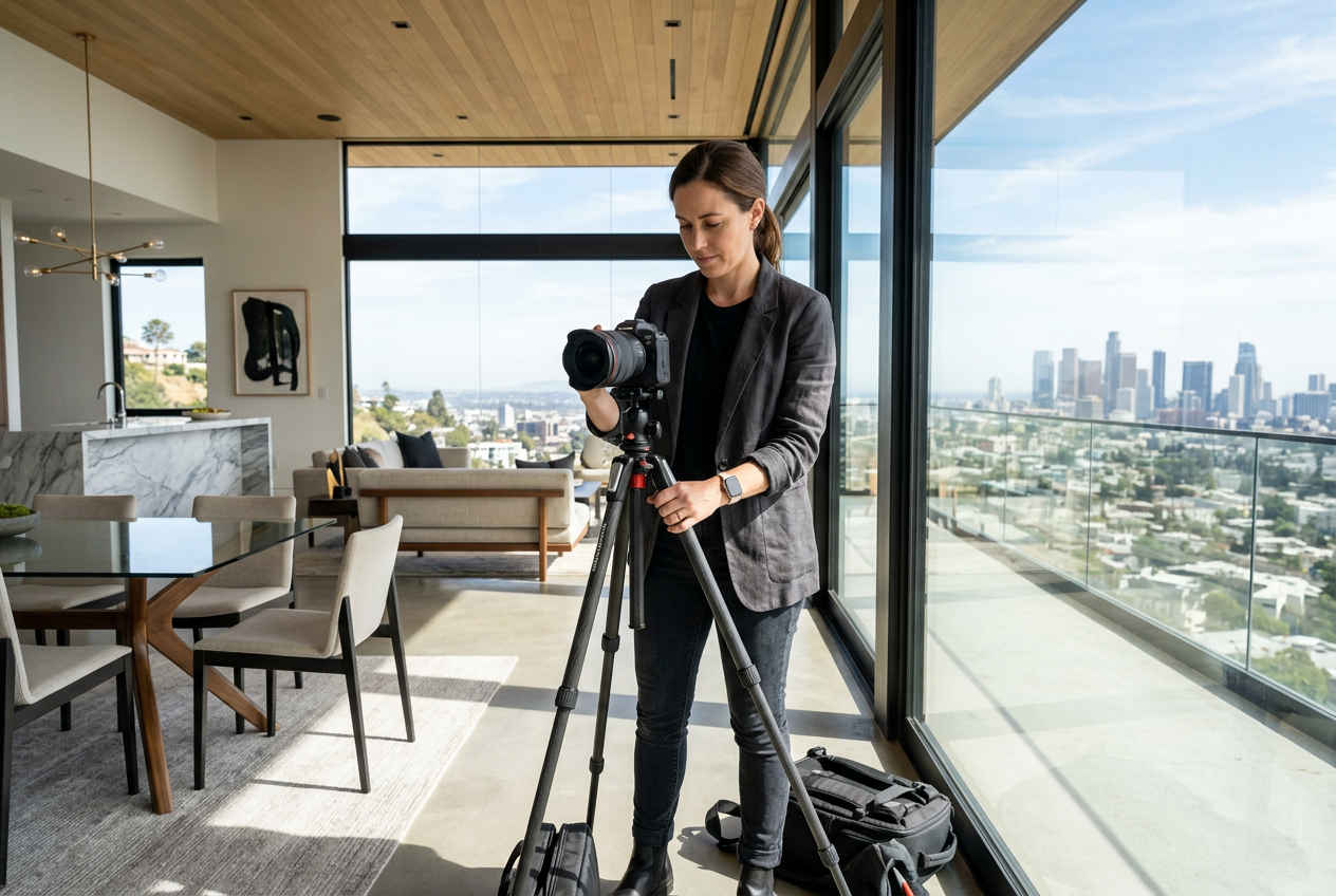 Real estate photographer shooting a glass-walled LA hillside home — Best Real Estate Photographers in Los Angeles (2026)