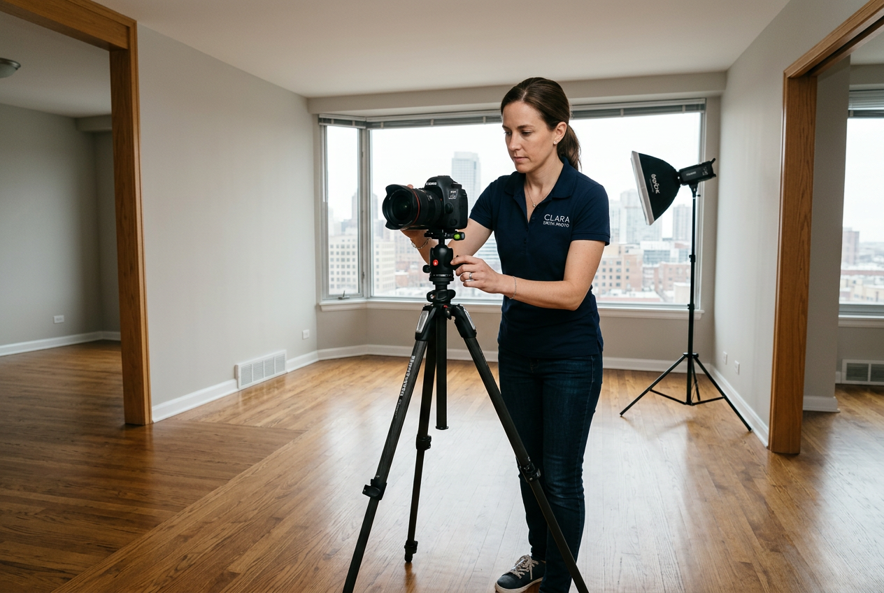 Real Estate Photographers by City: Find a Pro Near You — photographer setting up camera inside a vacant listing