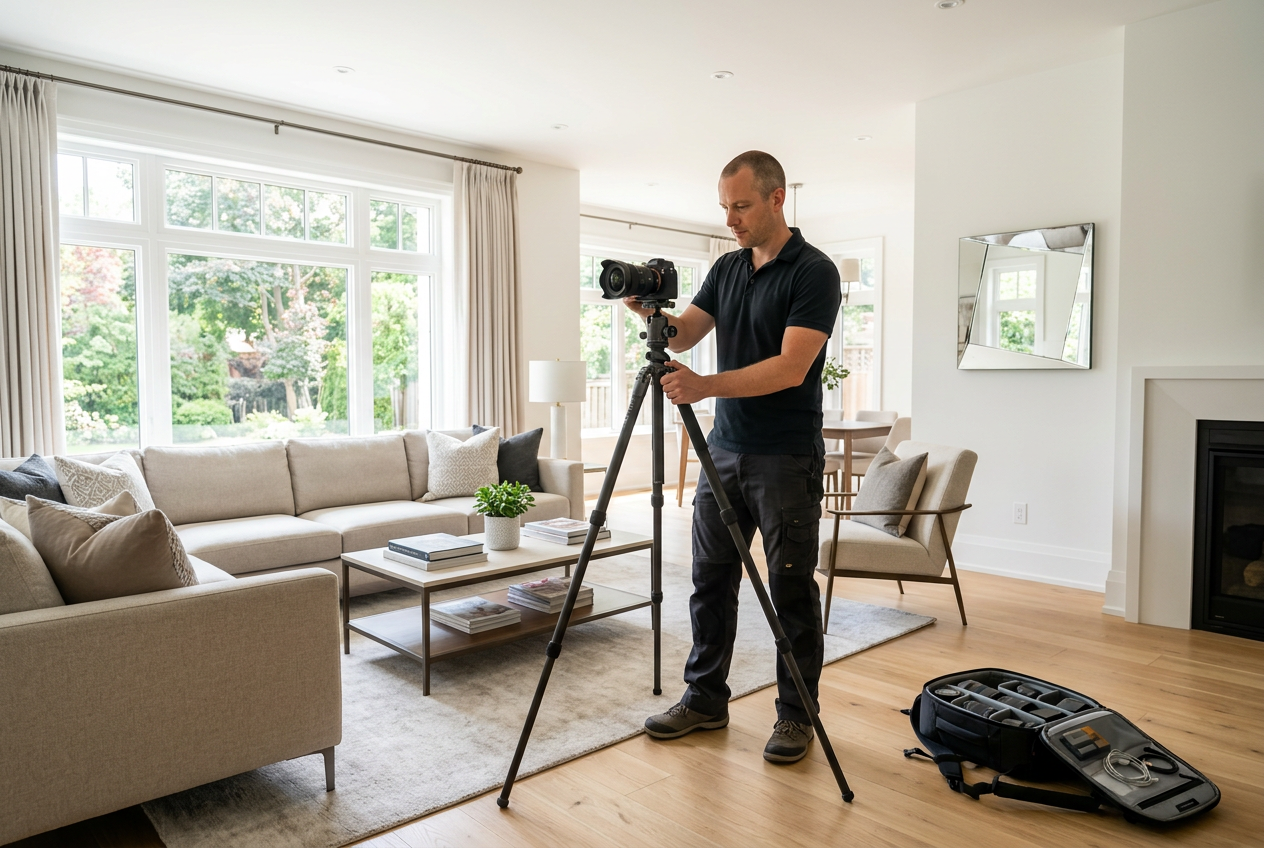 Real Estate Photographers by City: Find a Pro Near You — photographer setting up a camera in a staged home interior