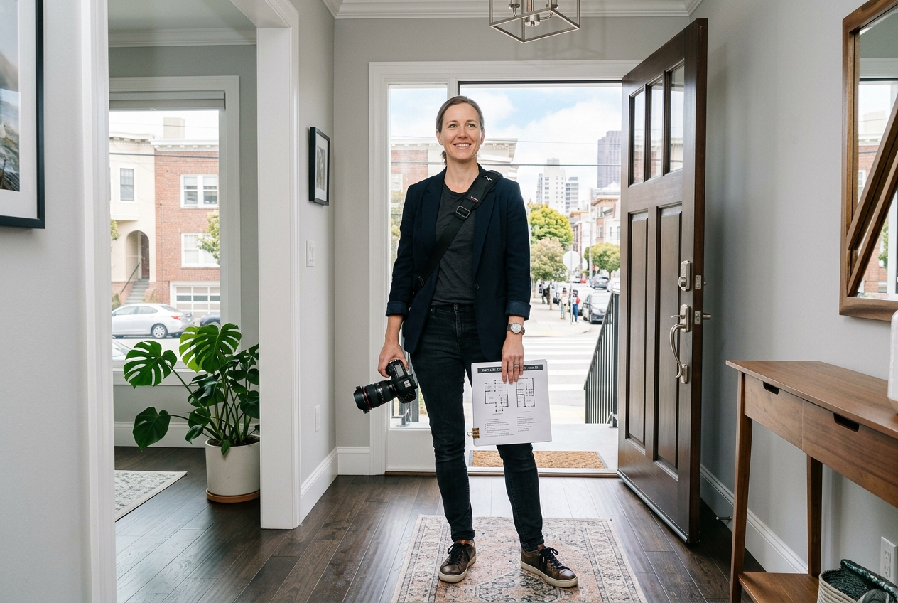 Real estate photographers by city: find a pro near you — photographer with camera at a residential front door