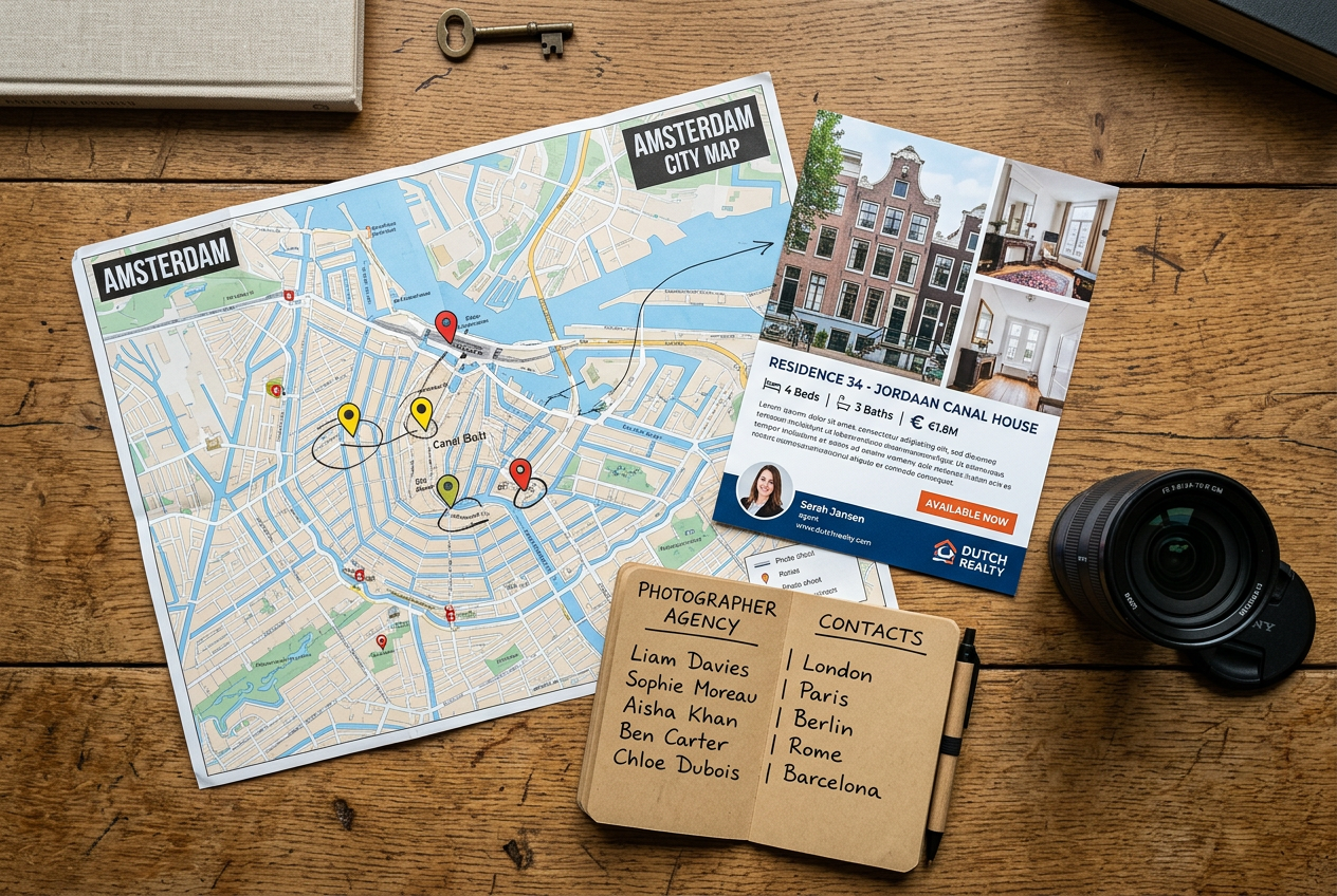 Printed city map with location pins and camera gear representing Real Estate Photographers by City: Find a Pro Near You