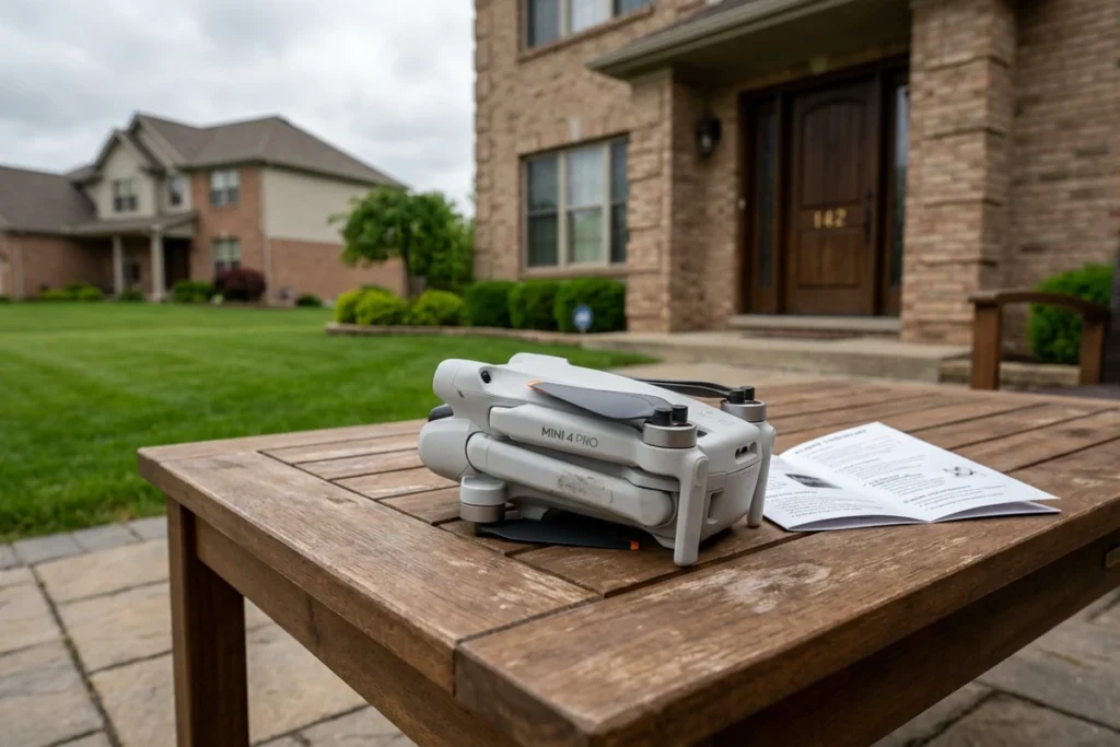 Real estate photography equipment showing a folded drone prepared for aerial property photography outside a home