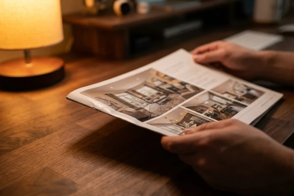 Printed real estate listing photos being reviewed at a desk, illustrating changing real estate photography trends in 2026.