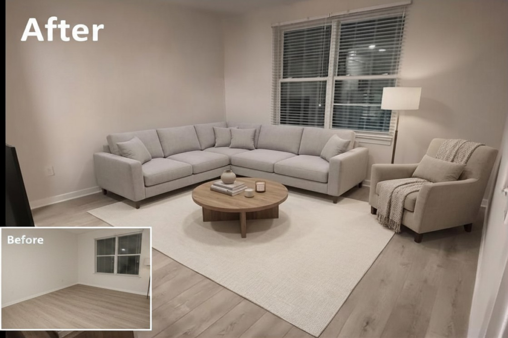 Virtual staging step in a real estate photo editing workflow
