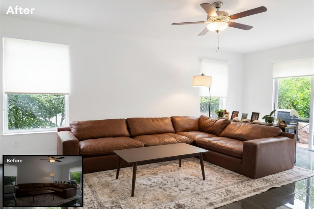 Enhanced interior photo showing lighting and perspective correction in real estate photo editing workflow