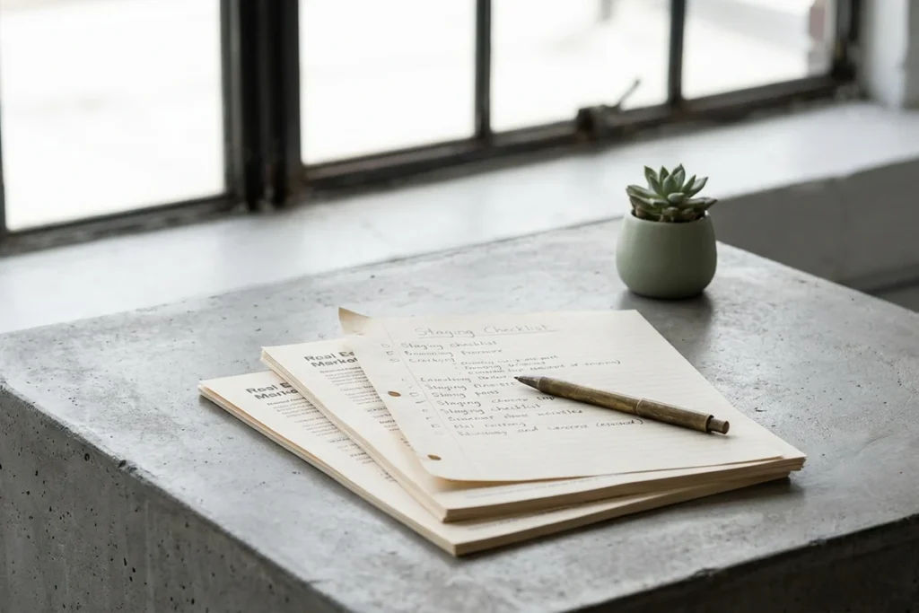 Room staging ideas shown through a staging checklist and real estate market notes used to evaluate which updates matter most