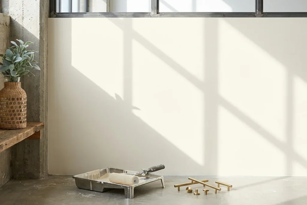 Room staging ideas showing paint supplies and hardware swaps used for budget-friendly staging updates with visible impact