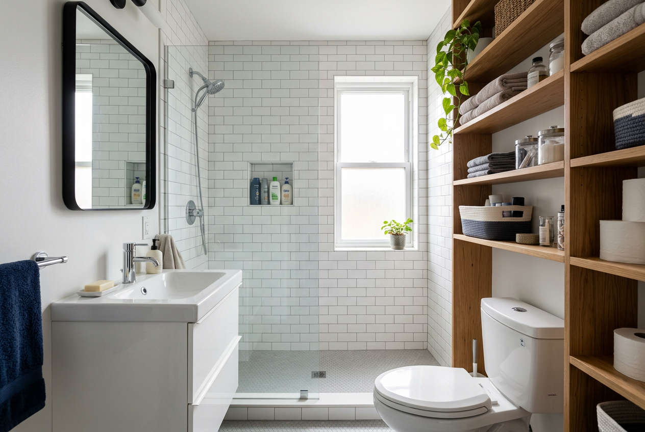 Small bathroom design ideas that make every inch count with wall-mounted vanity, recessed niche, and over-toilet shelving
