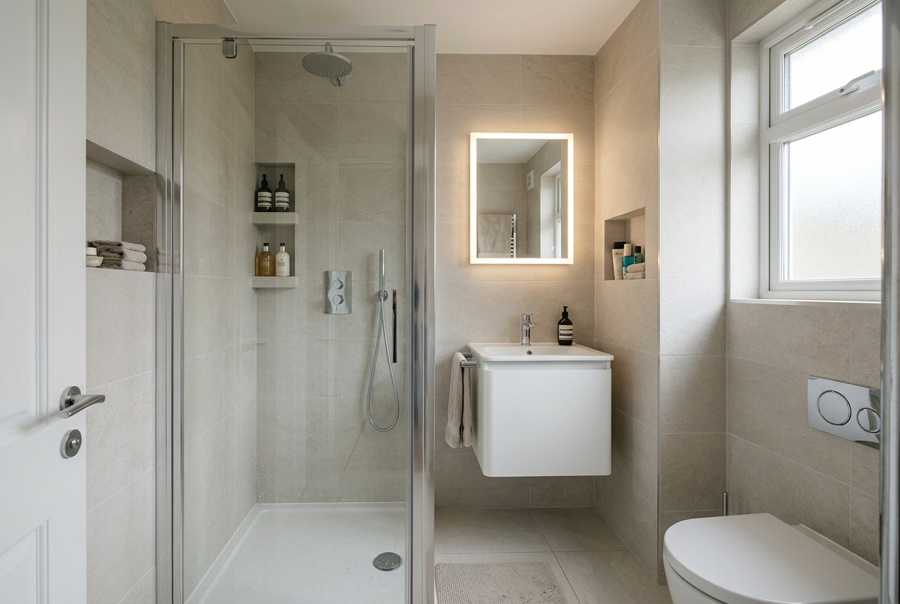 Small bathroom design ideas that make every inch count with wall-mounted vanity, slim shower entry, and continuous tile surfaces