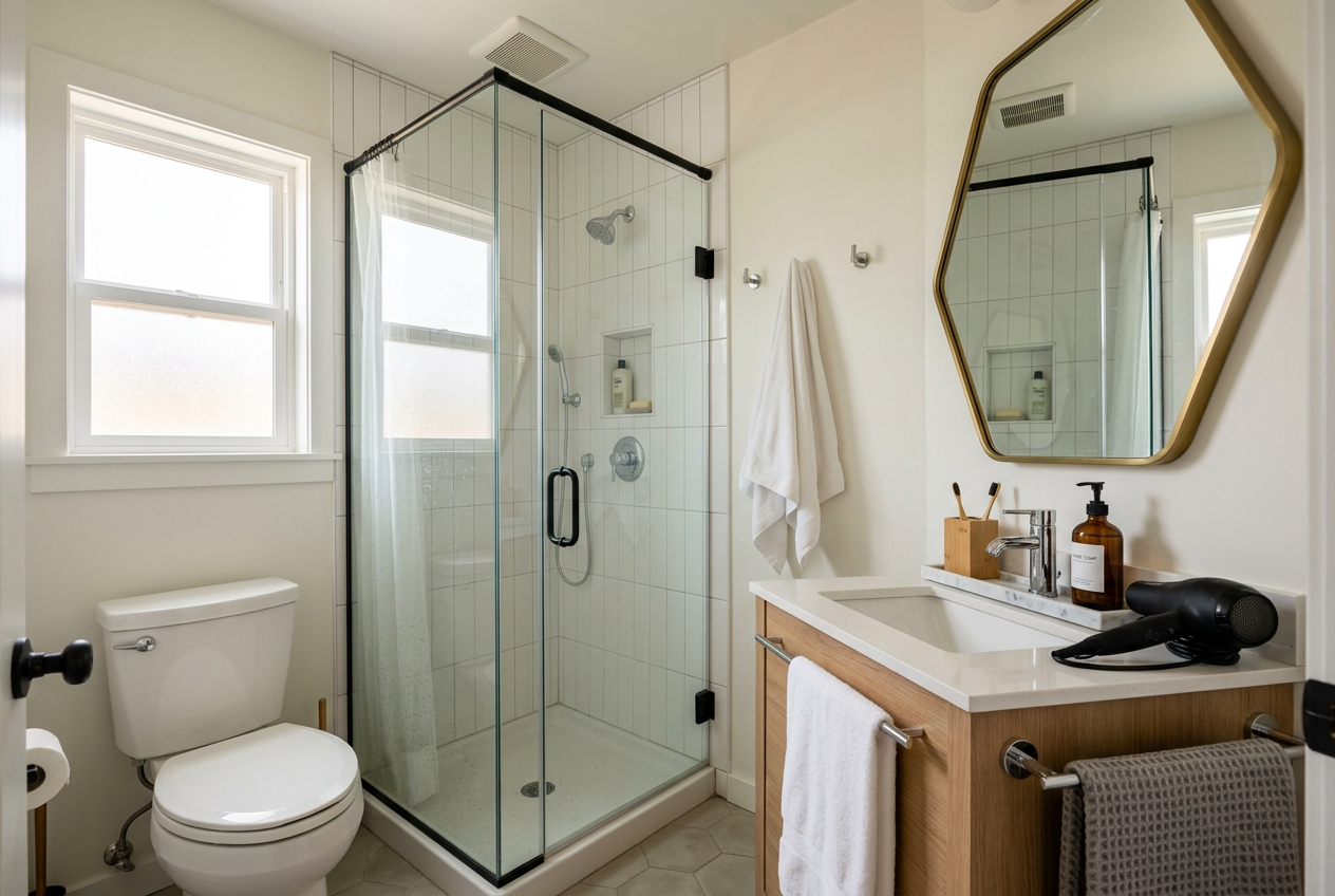 Small bathroom design ideas that make every inch count with clear glass shower and tidy vanity landing zone