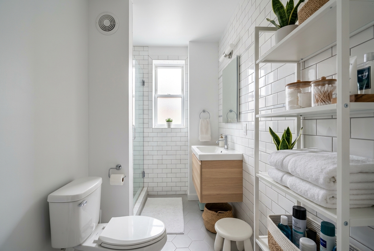 Small bathroom design ideas that make every inch count with wall-mounted vanity, vertical storage, and clean minimal finishes.
