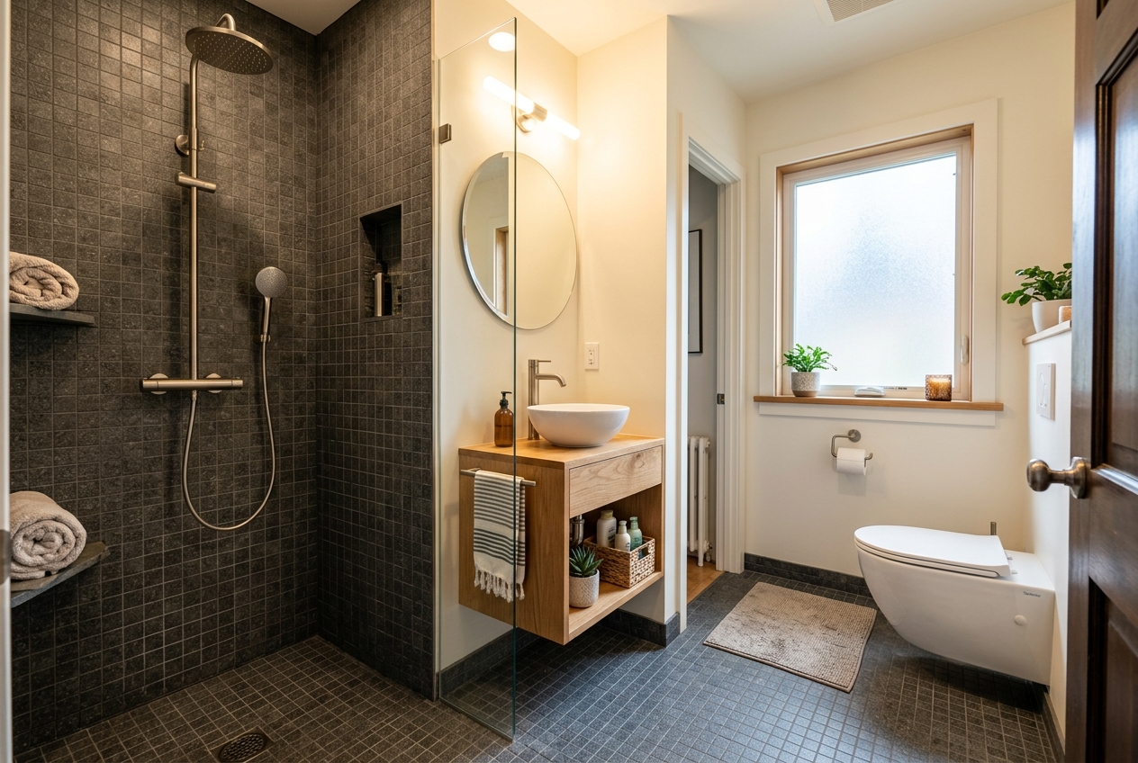 Small bathroom design ideas that make every inch count: curbless shower, textured tile floor, floating vanity, smart storage