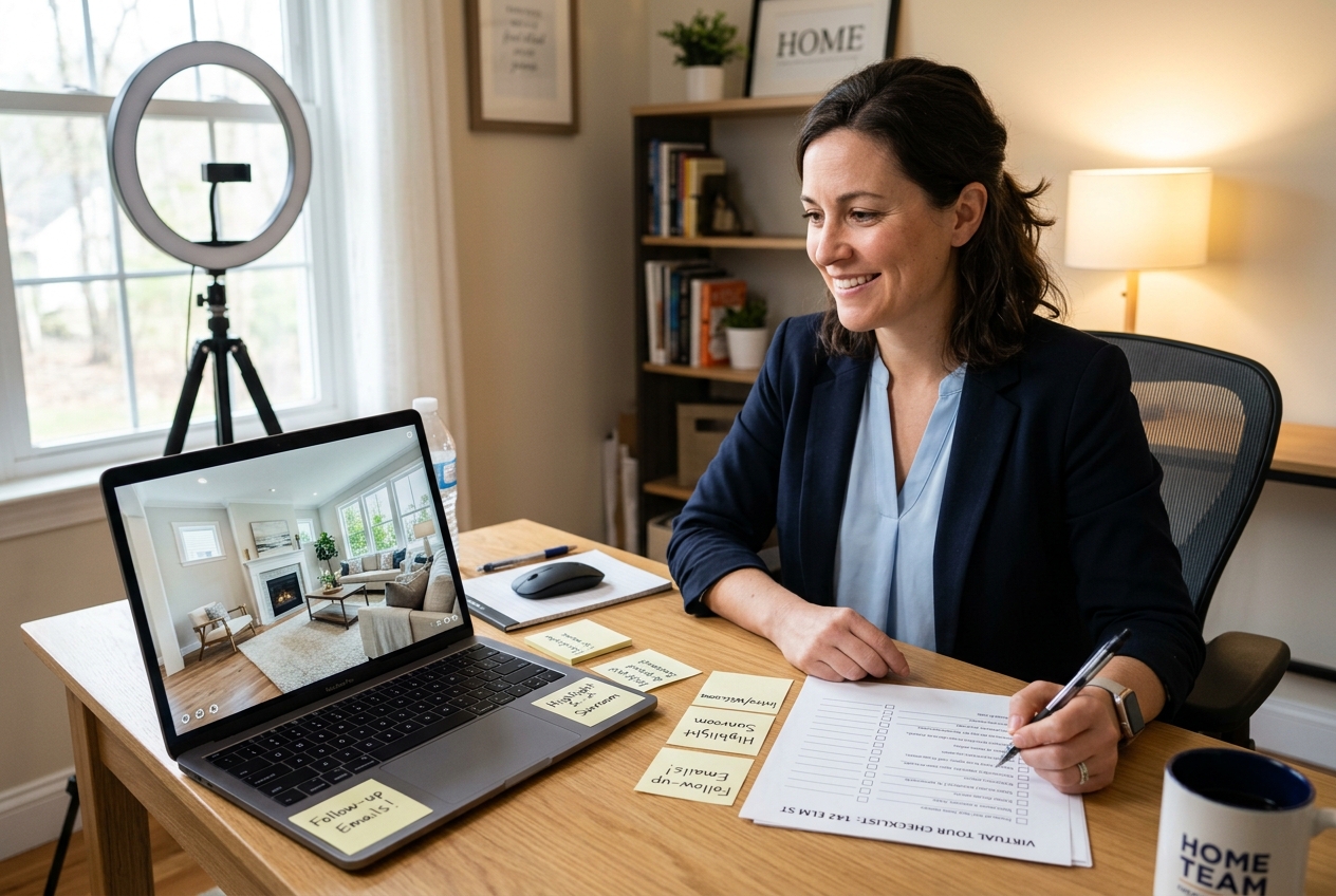 Real estate agent at desk running a virtual open house — Virtual Open House Guide for Real Estate Agents: Tools, Tips, and Follow-Up