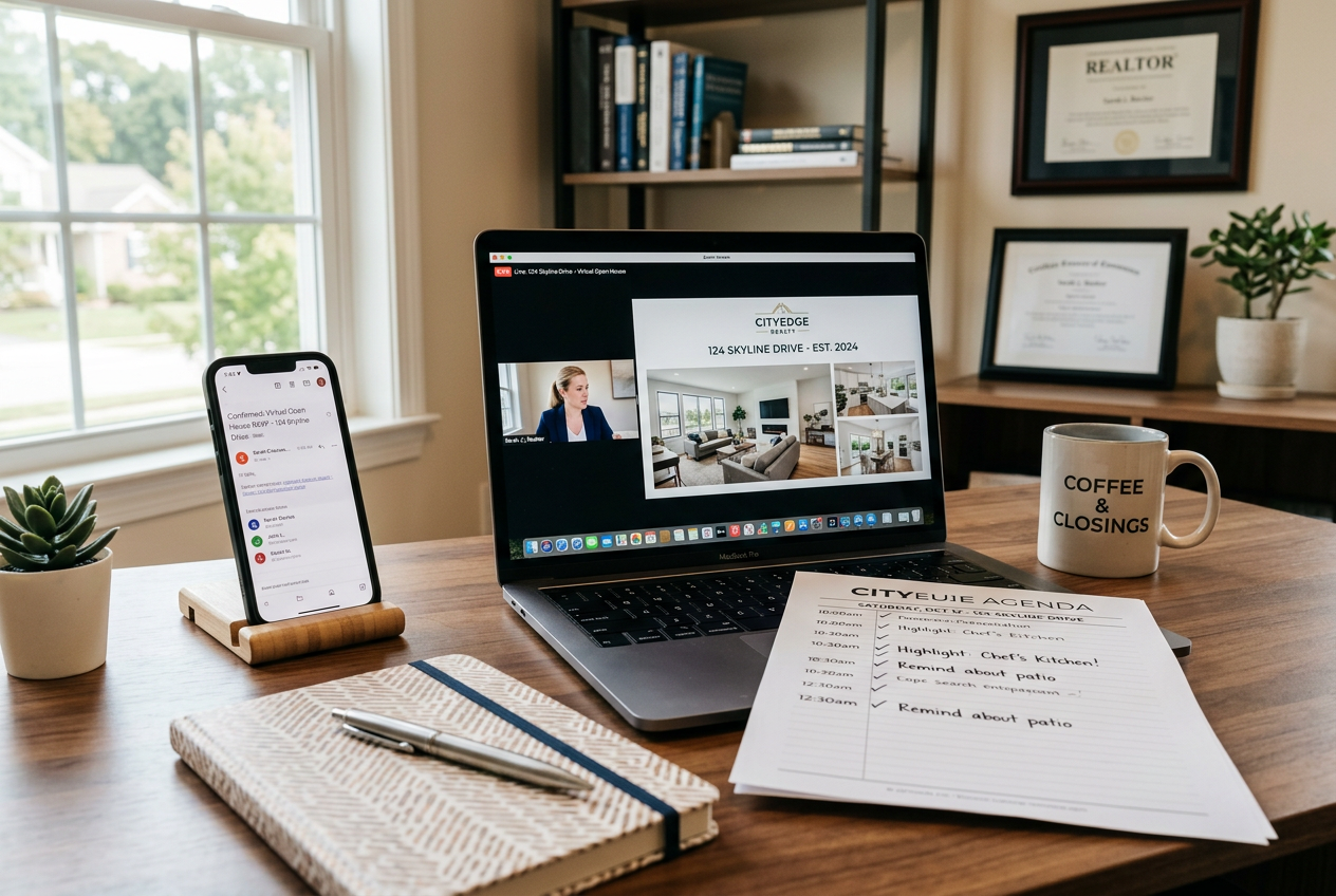Agent desk setup for Virtual Open House Guide for Real Estate Agents: Tools, Tips, and Follow-Up with laptop and agenda