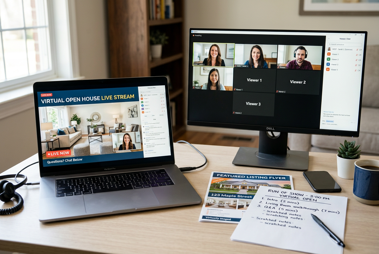 Laptop showing a virtually staged room during a virtual open house guide for real estate agents workflow setup
