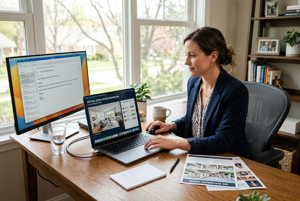 Real estate agent managing a virtual open house guide for real estate agents with follow-up tools on dual monitors