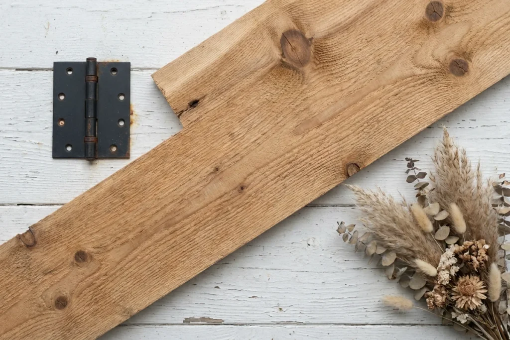 Natural wood accent board with black metal hinge placed beside dried grasses, showing how warm wood tones soften a white house with black trim design.