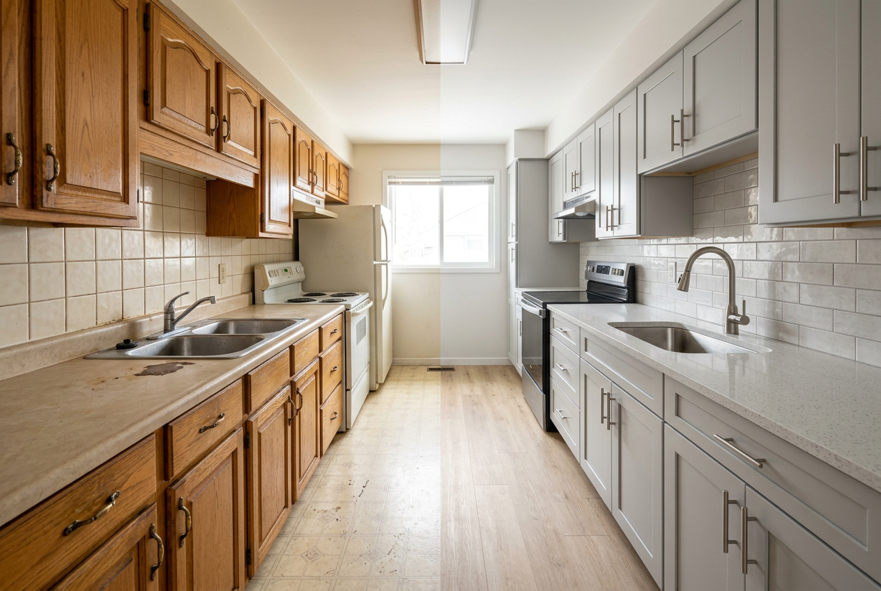 AI Virtual Renovation showing a dated kitchen's full buyer potential with updated cabinets, counters, and flooring in one photo