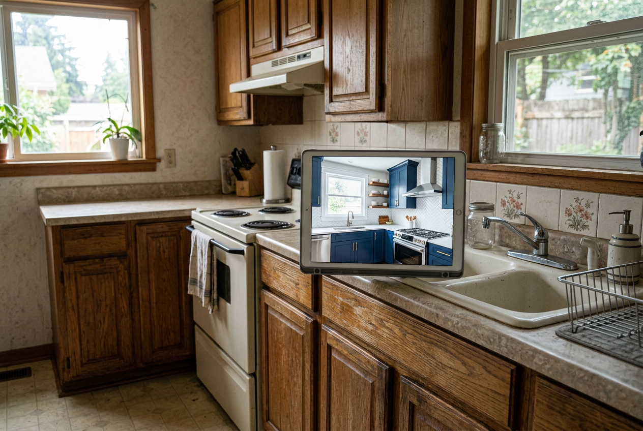 Tablet showing AI Virtual Renovation overlay of a dated kitchen, illustrating a home's full potential for buyers browsing online listings.