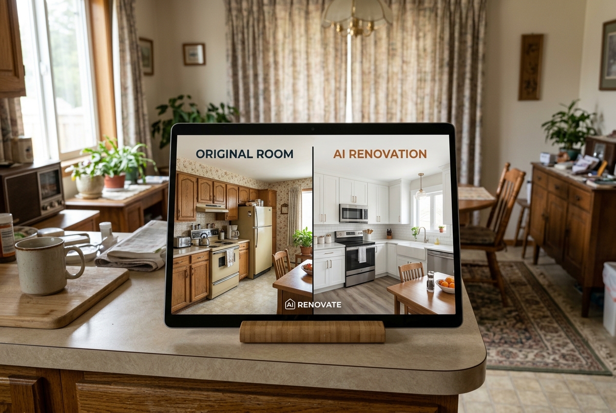 Tablet showing AI Virtual Renovation split-screen comparison of a dated kitchen before and after digital staging, no pricing shown.