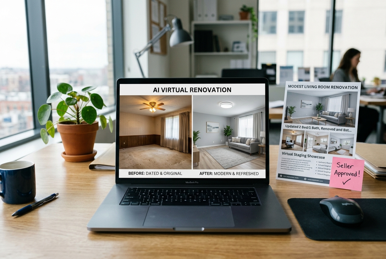 Laptop showing AI Virtual Renovation before-and-after comparison of a modest living room with a seller-approved listing flyer nearby.