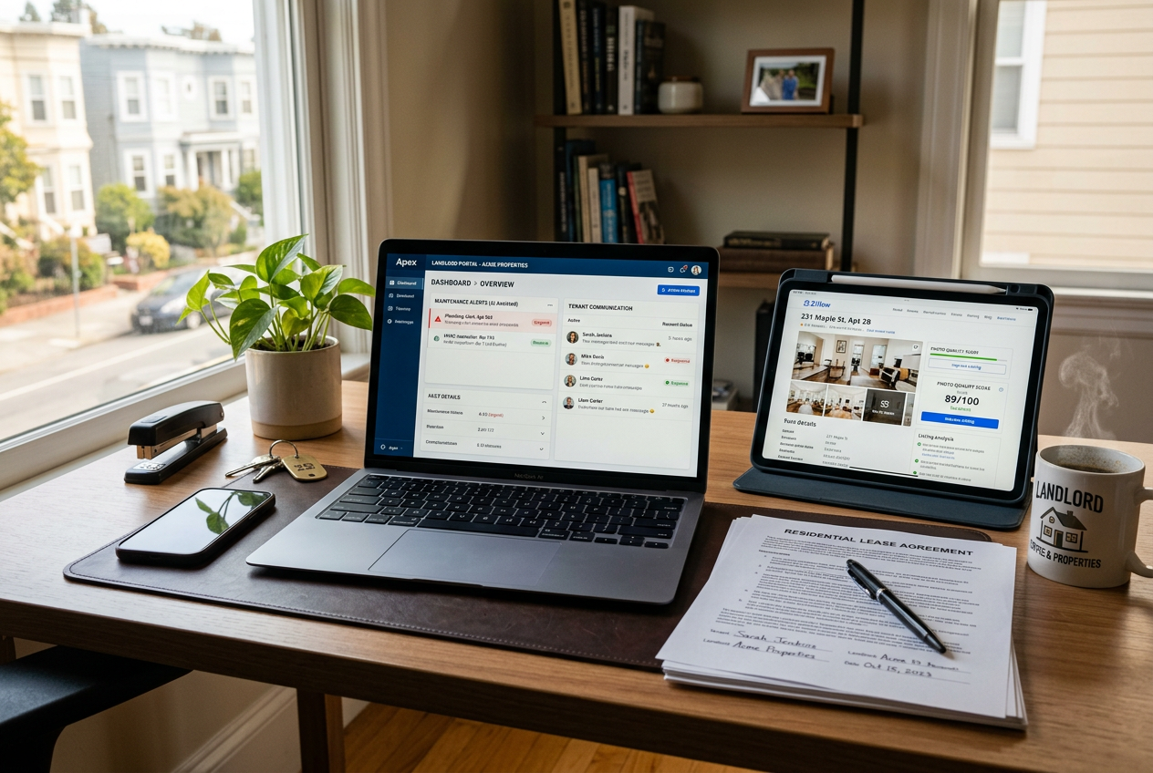 Landlord desk setup showing AI property management in 2026 tools including dashboard, rental listing, and lease documents