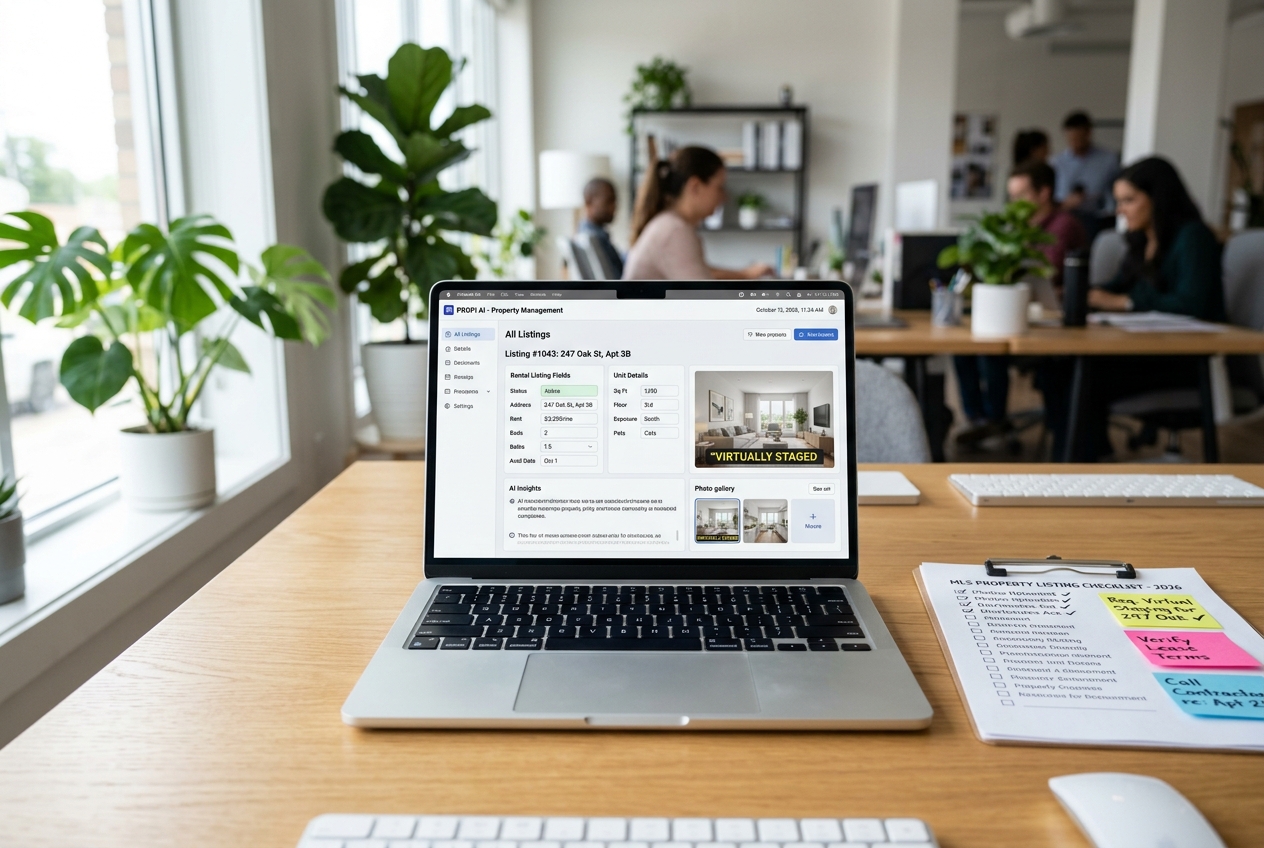 Laptop showing AI property management dashboard with listing fields and virtual staging disclosure label — tools landlords actually use in 2026.