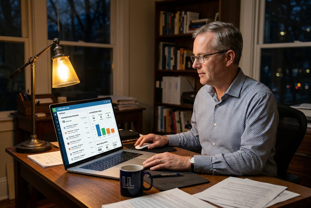 Landlord using AI property management in 2026 tools to review automated tenant responses on a laptop at night