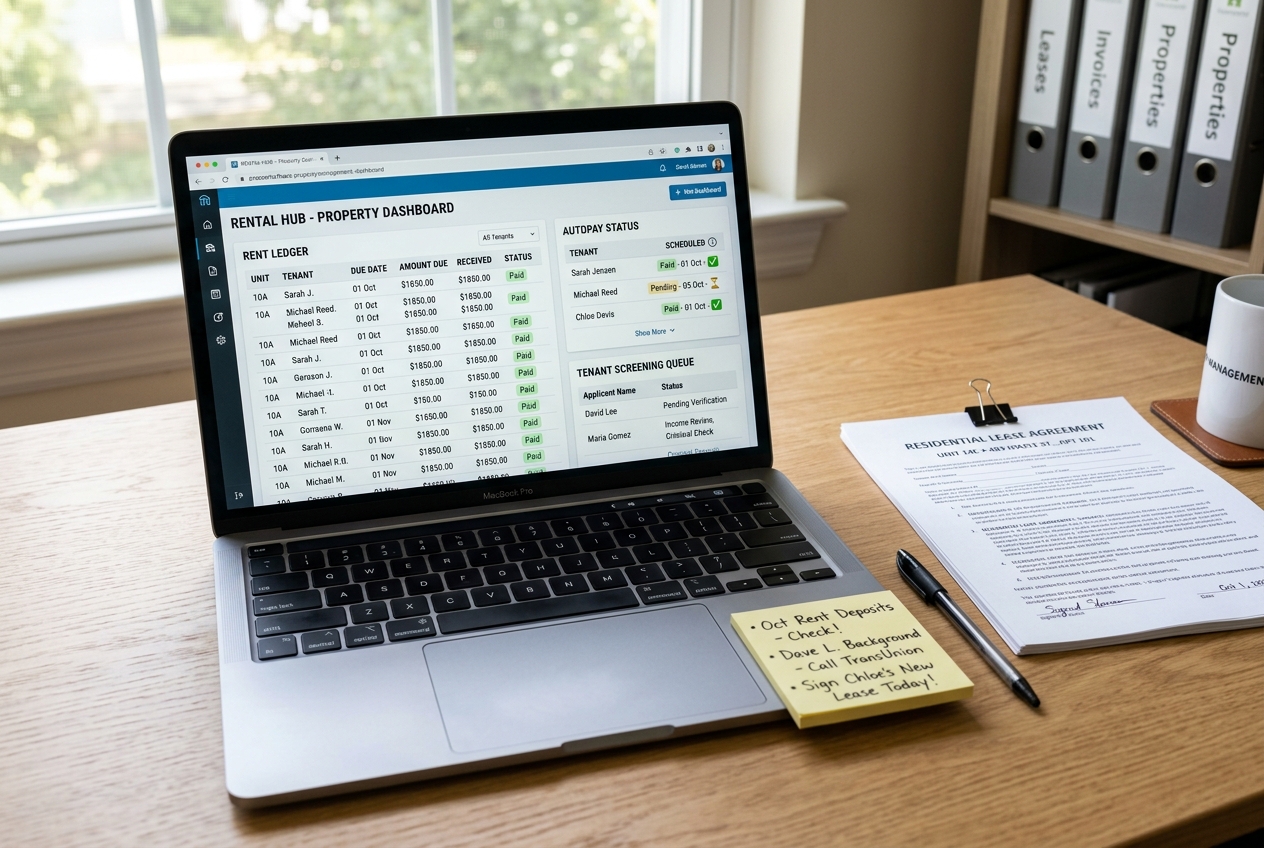 Landlord laptop showing AI Property Management in 2026 tools dashboard with rent ledger and tenant screening queue