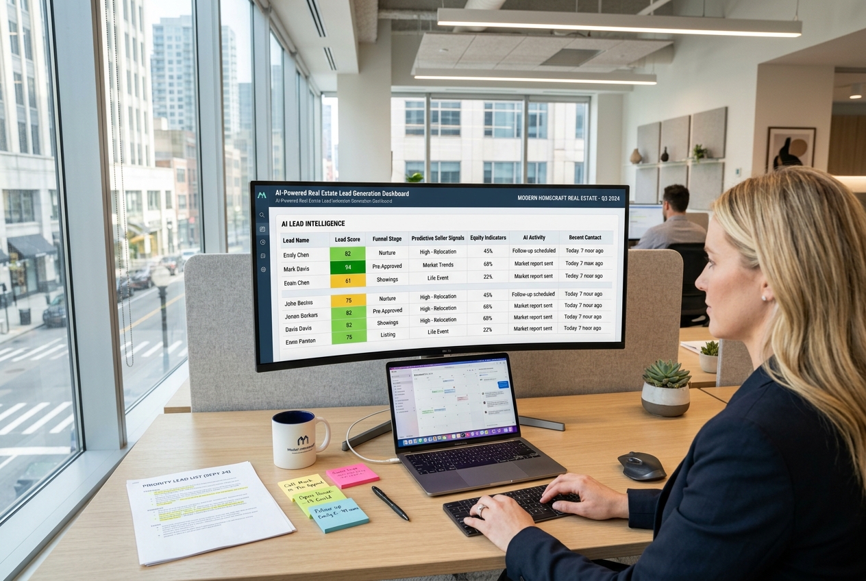 AI real estate lead generation dashboard on monitor showing predictive seller signals and funnel stages for 2026 tactics