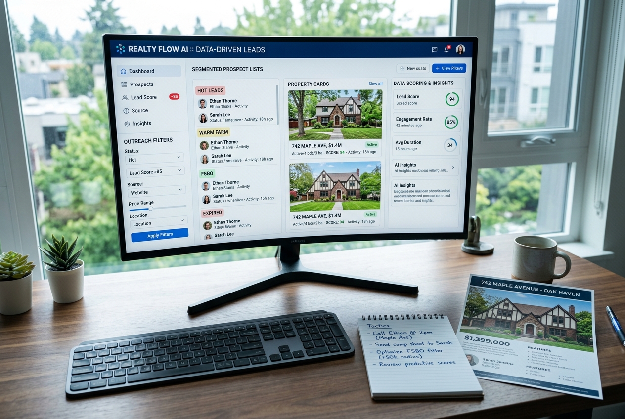 AI real estate lead generation dashboard showing prospect segmentation and listing data on a modern monitor